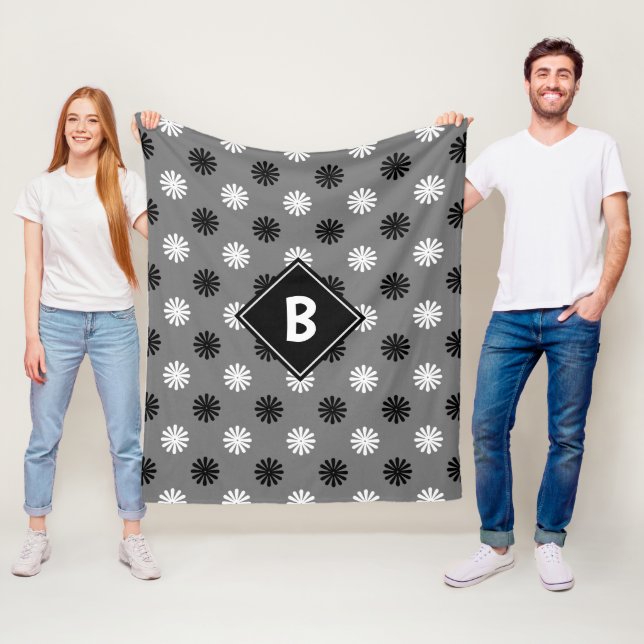 Geometric Black White Grey Floral Monogram Initial Fleece Blanket (In Situ)
