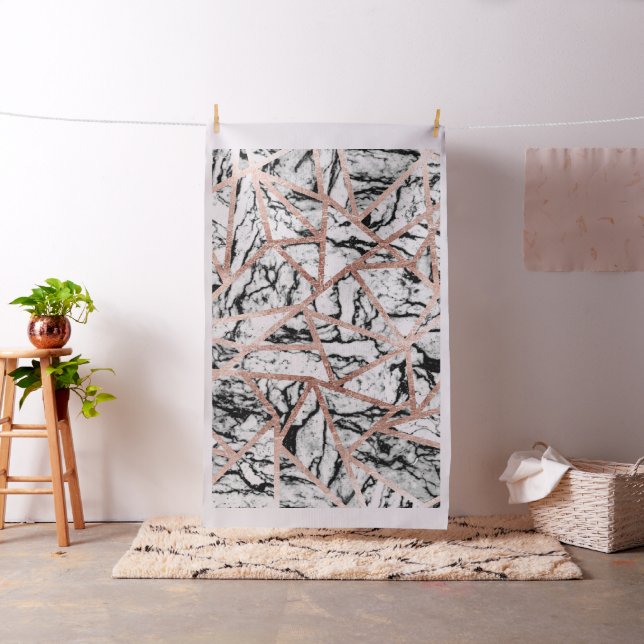 Geometric Black White Marble Rose Gold Triangles Fabric (In Situ)
