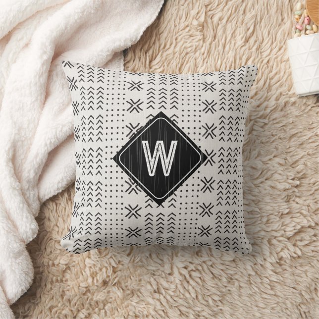 Geometric Black White Mudcloth African Monogram Cushion (Blanket)