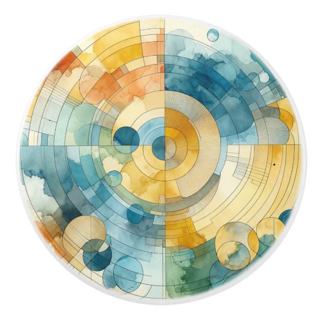 Geometric Blue and Yellow Watercolor Abstract Ceramic Knob (Front)