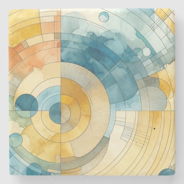 Geometric Blue and Yellow Watercolor Abstract Stone Coaster (Front)