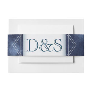Geometric Blue Art Deco   Modern Monogram Wedding Invitation Belly Band