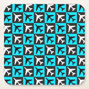 Geometric Blue Black Aviation Jets Aeroplane Square Paper Coaster