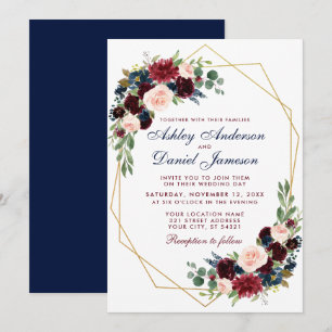Geometric Blue Burgundy Floral Wedding Invitation