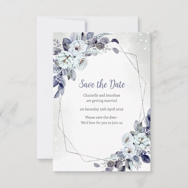 Geometric Blue Floral Save The Date Card (Front)