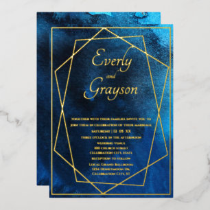 Geometric Blue & Gold Wedding Foil Invitation