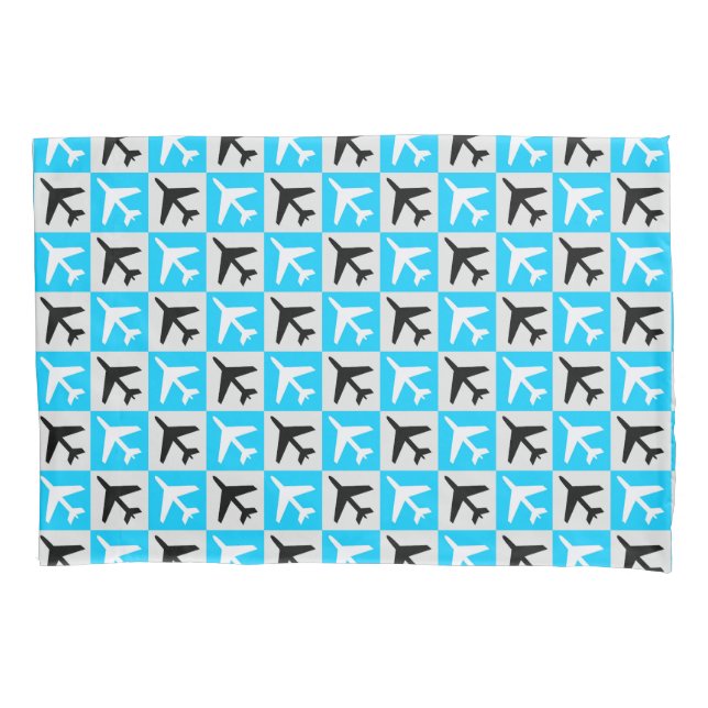 Geometric Blue White Aviation Jets Aeroplane Pillowcase (Front)