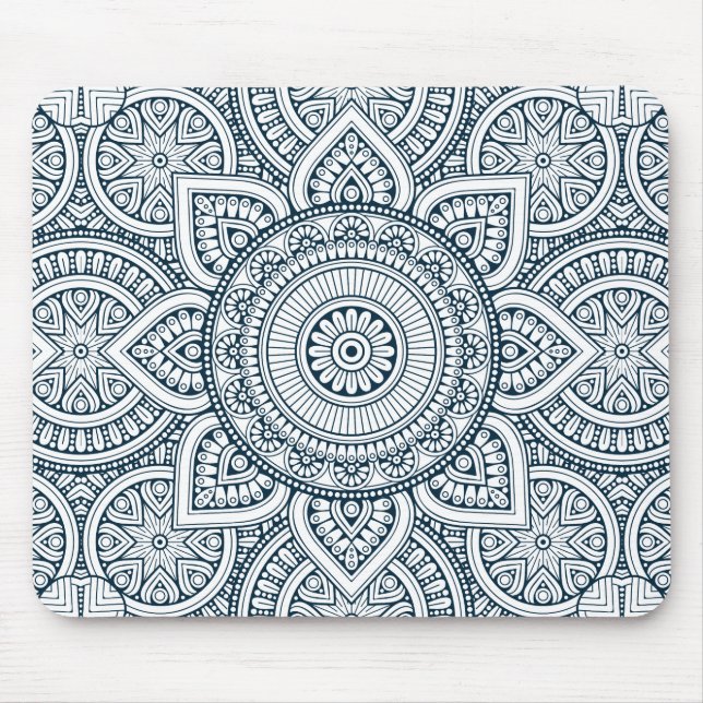 Geometric blue white floral mandala mouse pad (Front)