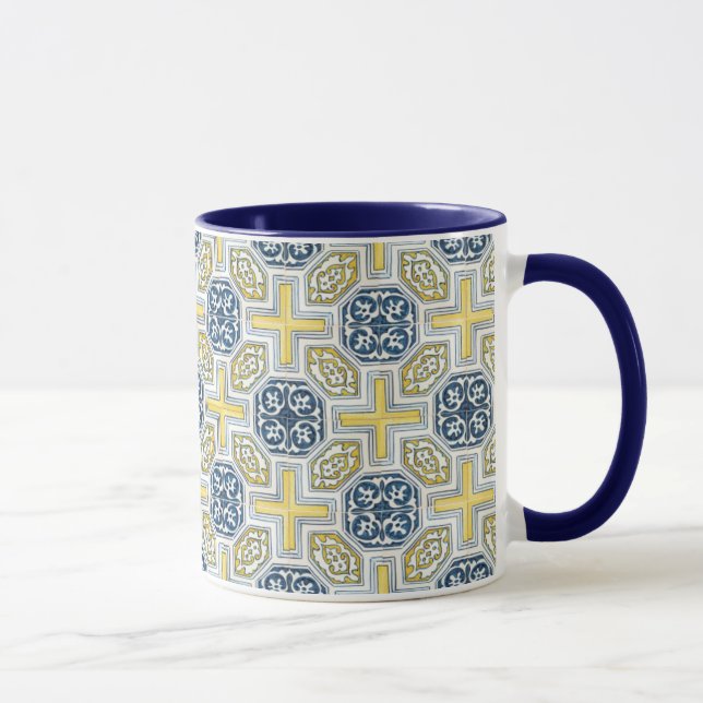 Geometric Blue Yellow Faux Tile Coffee Mug (Right)