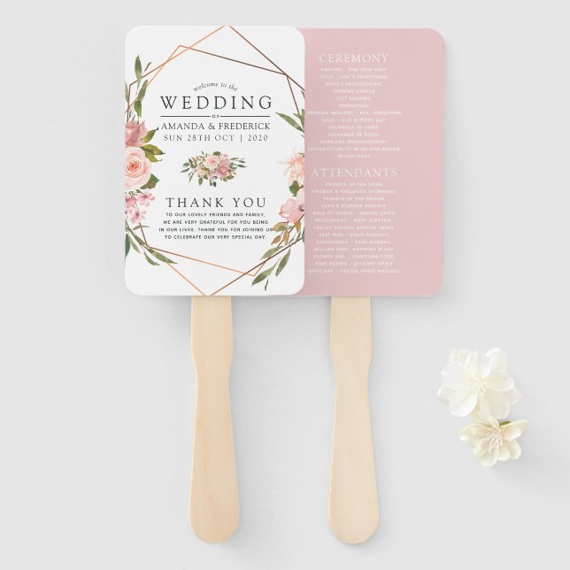 Geometric Blush and Rose Gold Wedding Program Hand Fan (Front and Back)