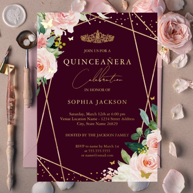 Geometric Blush Burgundy Gold Floral Quinceanera (Creator Uploaded)