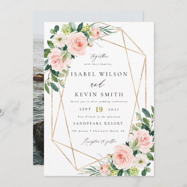 Geometric Blush floral frame wedding Invitation (Front/Back)