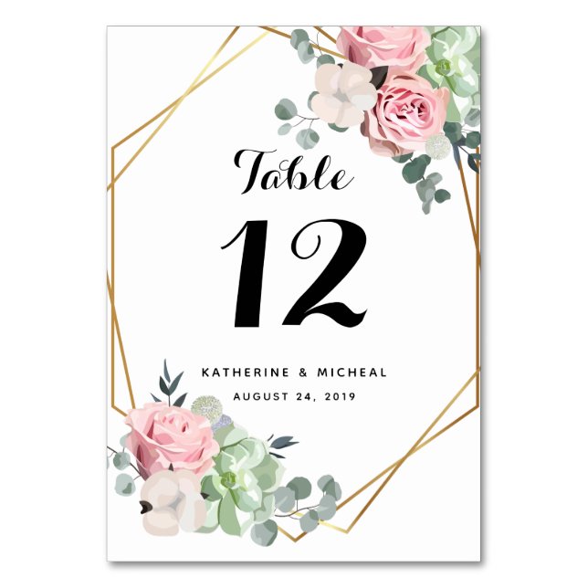 Geometric Blush Floral Wedding Table Numbers (Front)