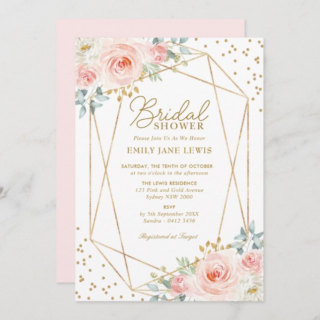 Geometric Blush Gold Confetti Floral Bridal Shower Invitation (Front/Back)
