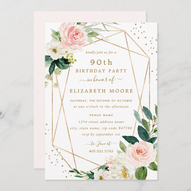 Geometric Blush Gold Floral 90th Birthday Invite (Front/Back)