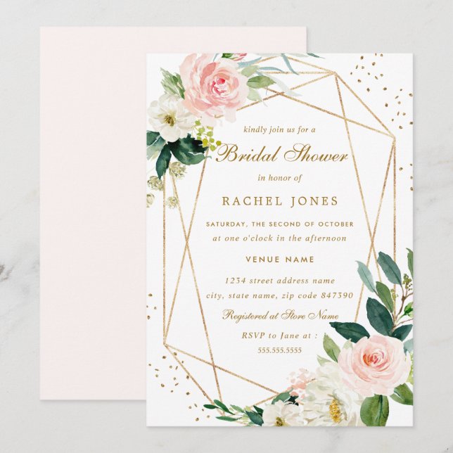 Geometric Blush Gold Floral Bridal Shower Invite (Front/Back)