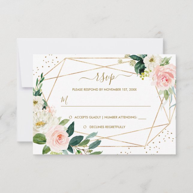 Geometric Blush Gold Floral Gold Wedding RSVP Card (Front)