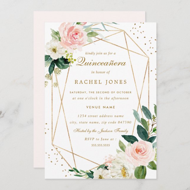 Geometric Blush Gold Floral Quinceanera Invitation (Front/Back)