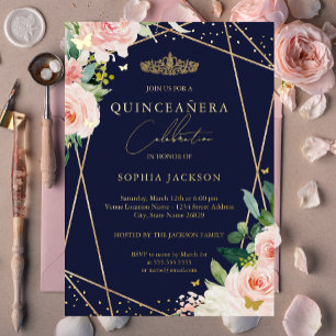 Geometric Blush Navy Gold Floral Quinceanera