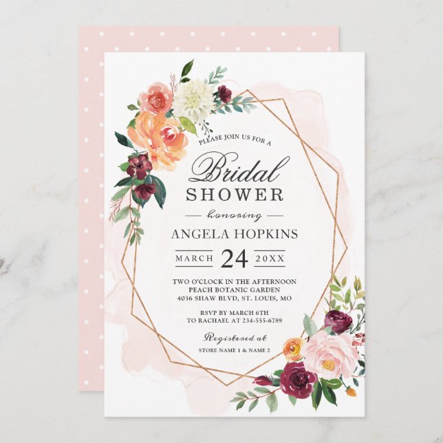 Geometric Blush Watercolor Floral Bridal Shower Invitation (Front/Back)