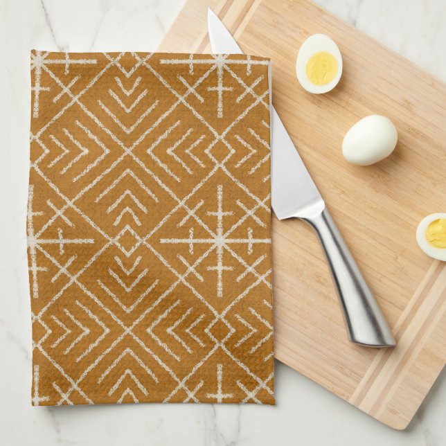 Geometric Bohemian Linework, Cream on Orange  Tea Towel (Quarter Fold)