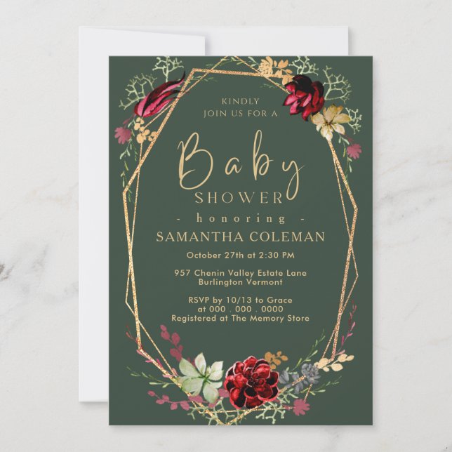 Geometric Boho Wildflower Dark Green Baby Shower Invitation (Front)