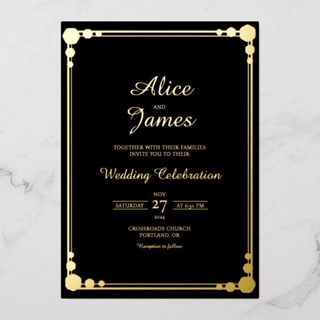 Geometric Border Elegant Black Gold Foil Wedding (Front)