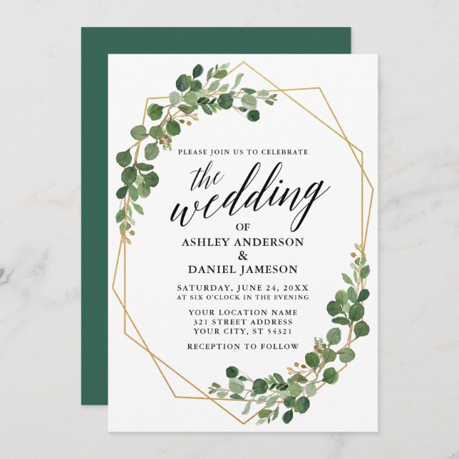 Geometric Botanical Green Eucalyptus Wedding Invitation (Front/Back)
