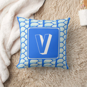 Geometric Bright Blue Monogram Name Initial Cushion