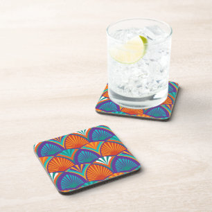 Geometric bright pattern with palm leaves, flowers coaster