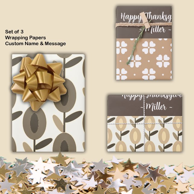 Geometric Brown Florals Custom Name Wrapping Paper Sheet (Creator Uploaded)