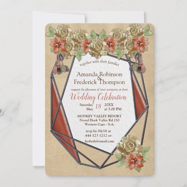 Geometric Brown Leather Art Wedding Invitation (Front)