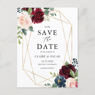 Geometric Burgundy Autumn Flowers Save the Date Announcement Postcard