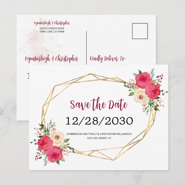 Geometric Burgundy Floral Wedding Save the Date Announcement Postcard (Front/Back)