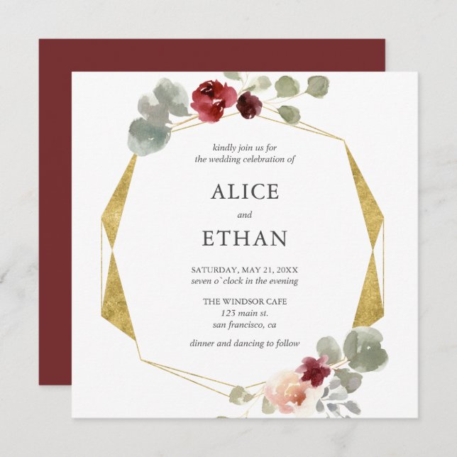 Geometric Burgundy Flower And Greenery Wedding Invitation (Front/Back)