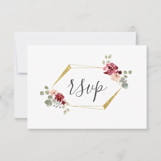 Geometric Burgundy Flower Eucalyptus Wedding RSVP (Front)