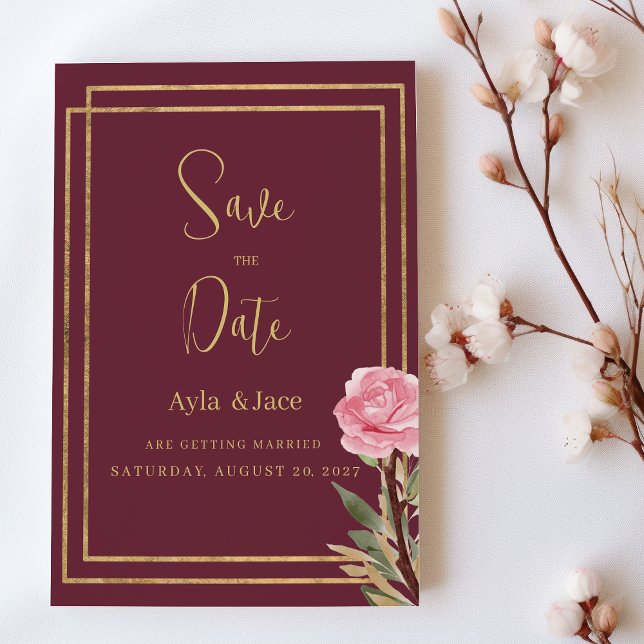 Geometric burgundy gold pink flower Save the Date Invitation (Geometric burgundy gold pink flower Save the Date)