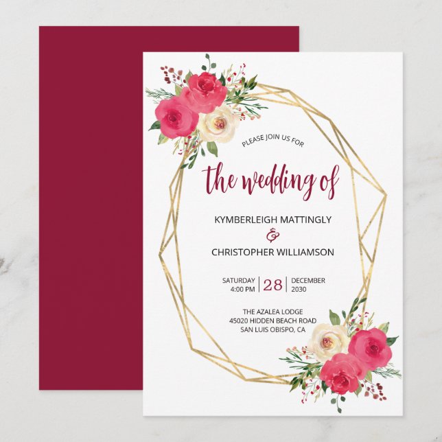 Geometric Burgundy Gold Watercolor Floral Wedding  Invitation (Front/Back)