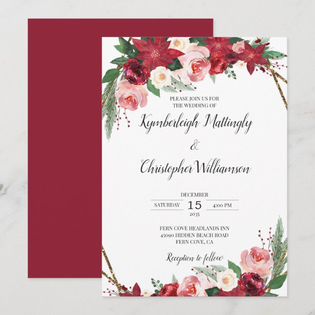 Geometric Burgundy Gold Watercolor Floral Wedding  Invitation (Front/Back)