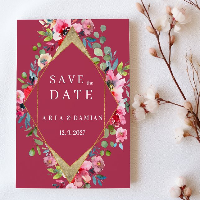Geometric burgundy mint gold floral Save the Date  Invitation (Geometric burgundy mint gold floral Save the Date)