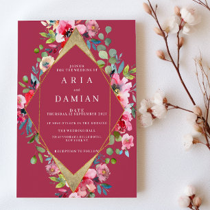 Geometric burgundy pink mint gold floral Wedding Invitation