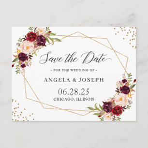 Geometric Burgundy Red Floral Save the Date Postcard