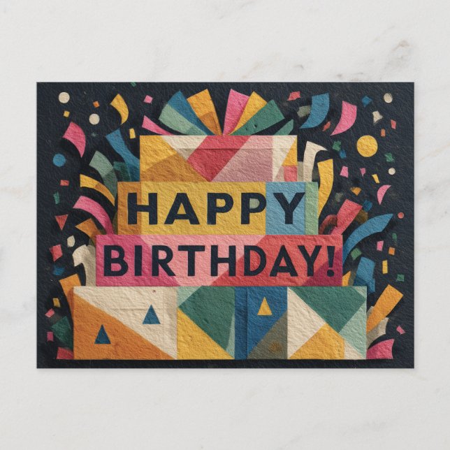 Geometric Cake Vibrant Abstract Birthday Design Postcard (Front)