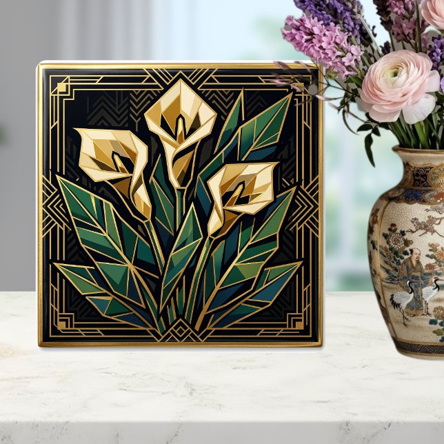 Geometric Calla Lily Art Deco Floral Gold Green  Tile (Creator Uploaded)