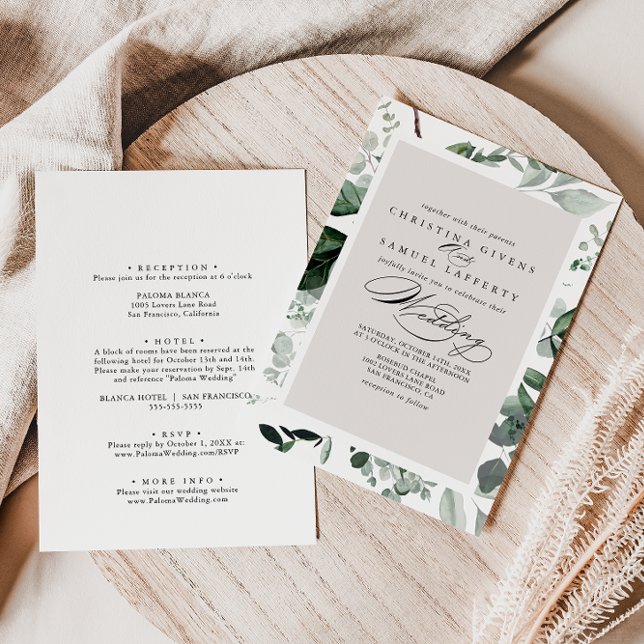 Geometric Calligraphy Green Front & Back Wedding  Invitation (Creator Uploaded)