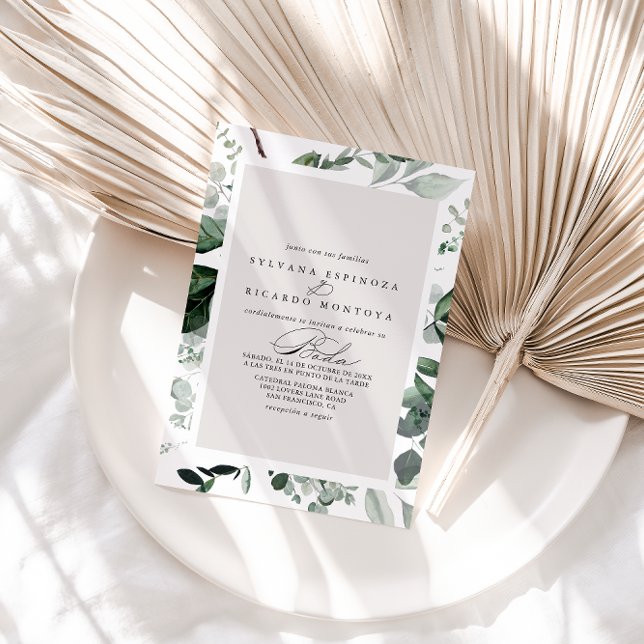 Geometric Calligraphy Greenery Spanish Wedding  Invitation (Creator Uploaded)