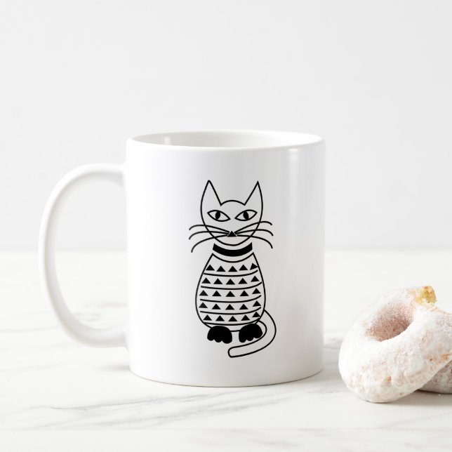 Geometric Cat Black and White  Coffee Mug (With Donut)