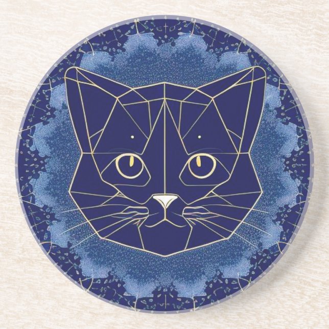 Geometric Cat Design Surrounded by Gold Stars Coaster (Front)