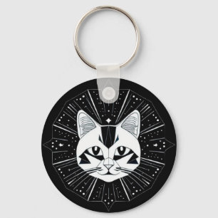 Geometric Cat Design Surrounded by Gold Stars Key Ring
