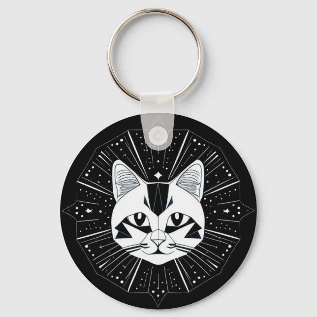 Geometric Cat Design Surrounded by Gold Stars Key Ring (Front)